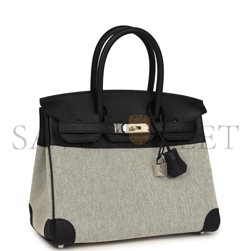 HERMÈS BIRKIN 30 BLACK SWIFT AND ECRU TOILE PALLADIUM HARDWARE (30*22*15cm)